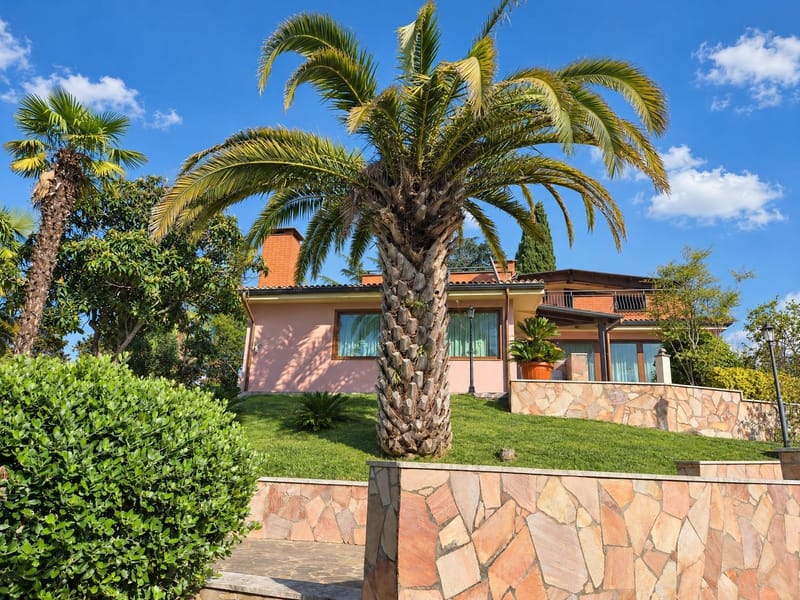 After: the same villa with a bluer sky and an even green lawn; house, palm tree and stone walls unchanged