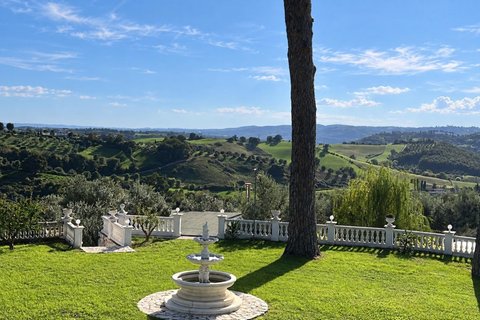 Garden with a fountain and hills under a blue sky